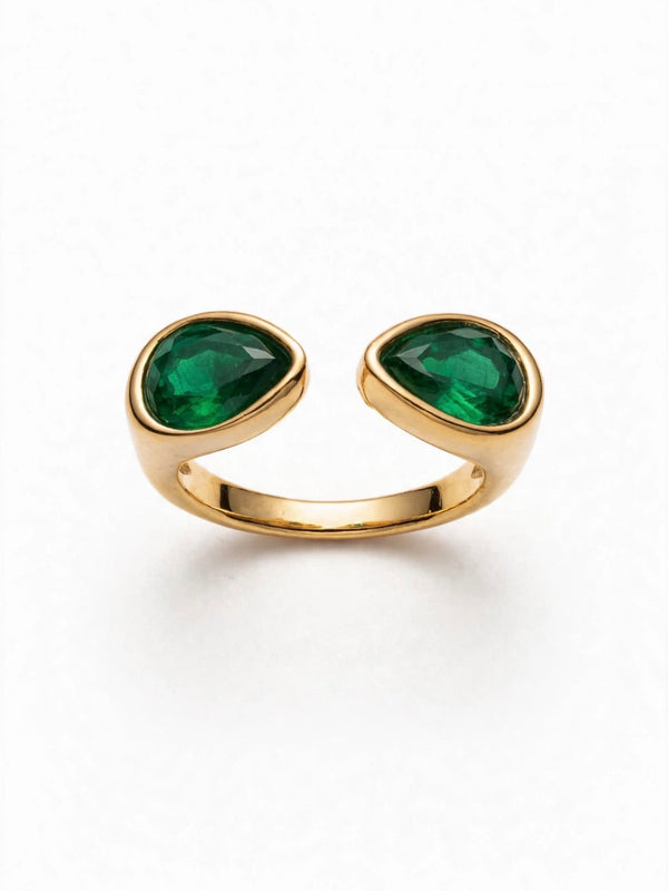 Sol Mare Dual Drop Ring – Emerald Green | 316L Stainless Steel | 18K Gold PVD | 3-Year Warranty