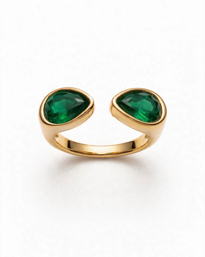 Sol Mare Dual Drop Ring – Emerald Green | 316L Stainless Steel | 18K Gold PVD | 3-Year Warranty