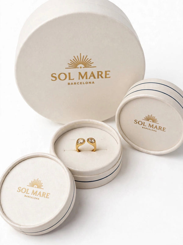 Sol Mare Lumi Dual Drop Ring – Pearl White | 316L Stainless Steel | 18K Gold PVD | 3-Year Warranty