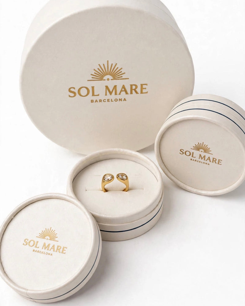 Sol Mare Lumi Dual Drop Ring – Pearl White | 316L Stainless Steel | 18K Gold PVD | 3-Year Warranty