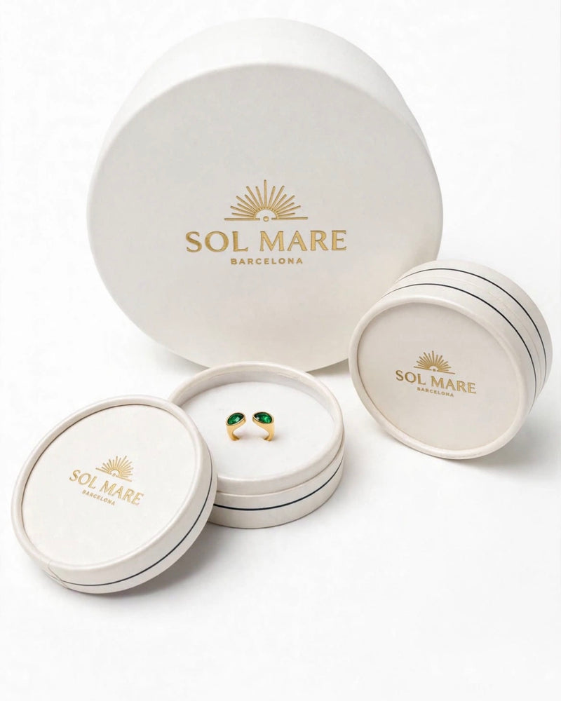 Sol Mare Dual Drop Ring – Emerald Green | 316L Stainless Steel | 18K Gold PVD | 3-Year Warranty